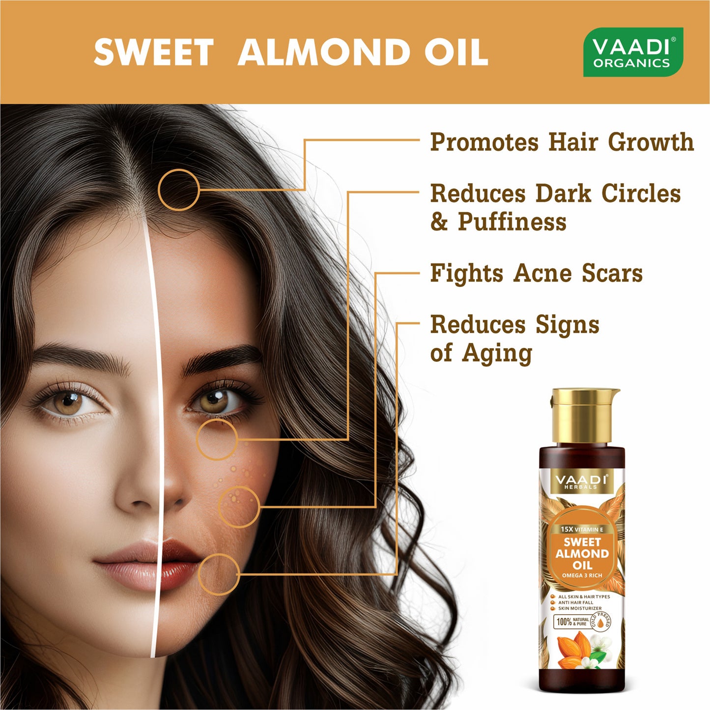 Cold-Pressed Sweet Almond Oil with Vitamin E - Anti Hair Fall - Removes Dark Circles- Skin Moisturizer-Promotes Hair Growth (120 ml / 4.05 oz)