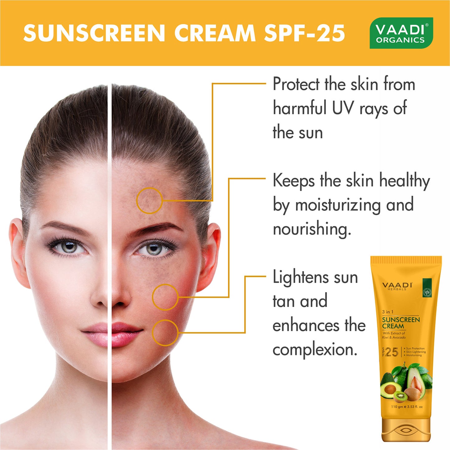 Sunscreen Cream SPF 25 with Kiwi & Avocado Extract - Protects & Nourishes Skin - Enhances Complexion (110 gms / 4 oz)