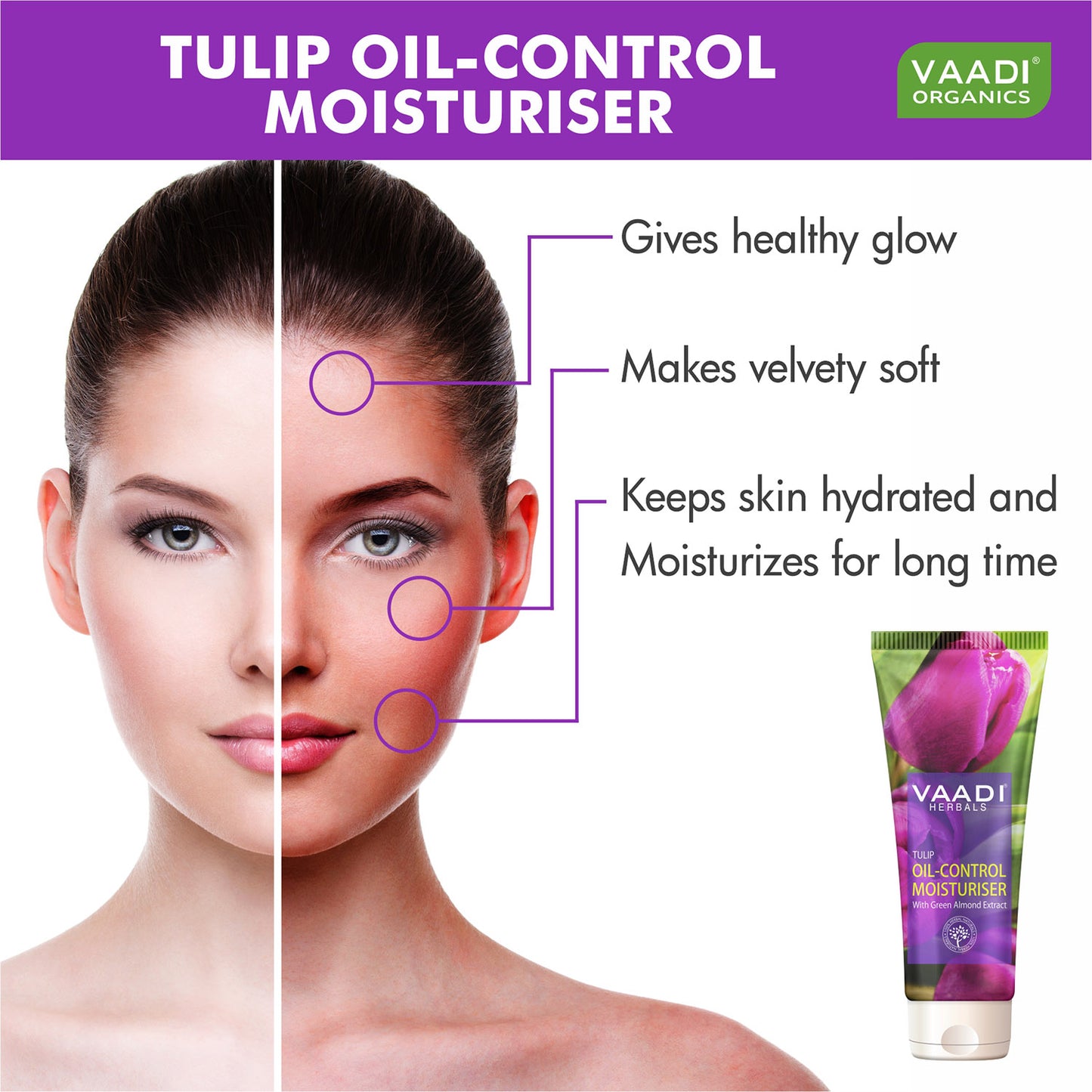 Tulip Oil Control Moisturiser with Green Almond Extract - Keeps Skin Oil Free - Makes Skin Feathery Soft (60 ml/ 2.1 fl oz)