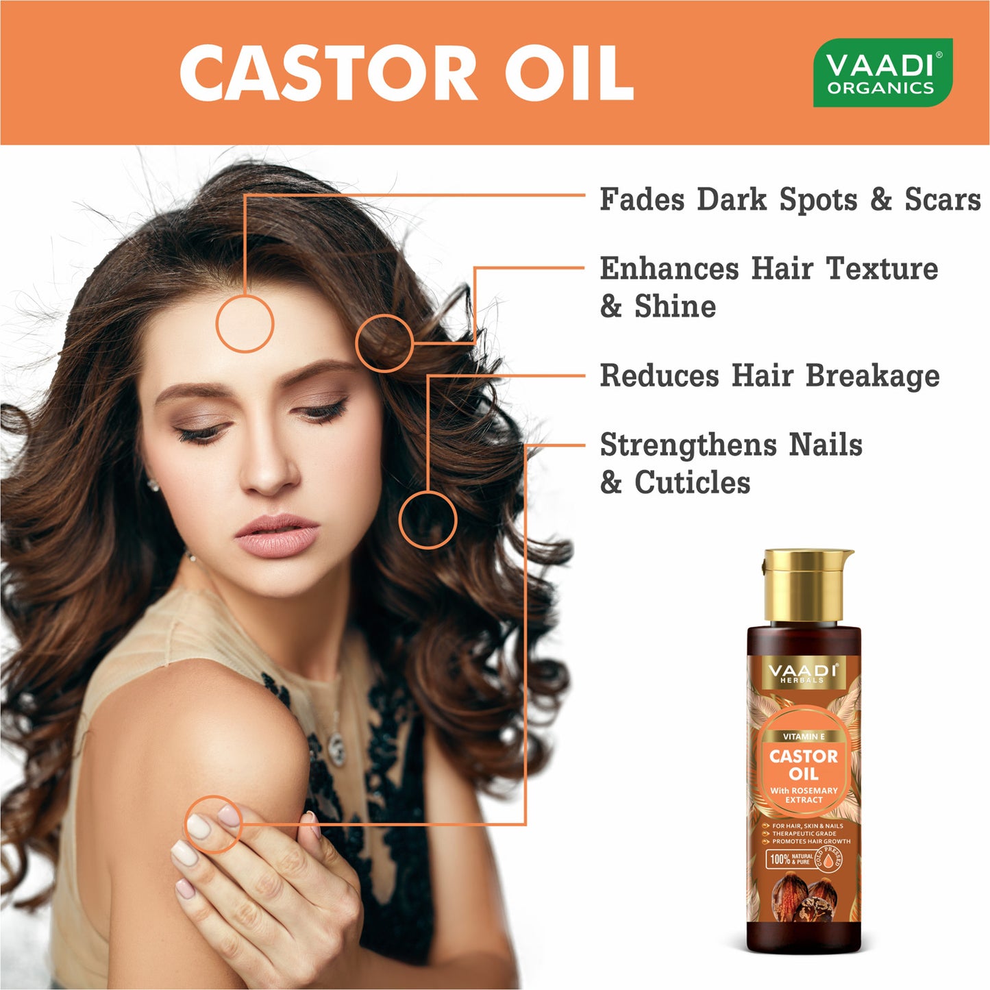 Cold Pressed Vitamin E Castor Oil with Rosemary Extract- For Hair, Skin & Nails- Promotes Hair Growth-Skin Hydrating-Strengthens Nails- Provides Shine-Reduces Hair Breakage-(120 ml / 4.05 oz)