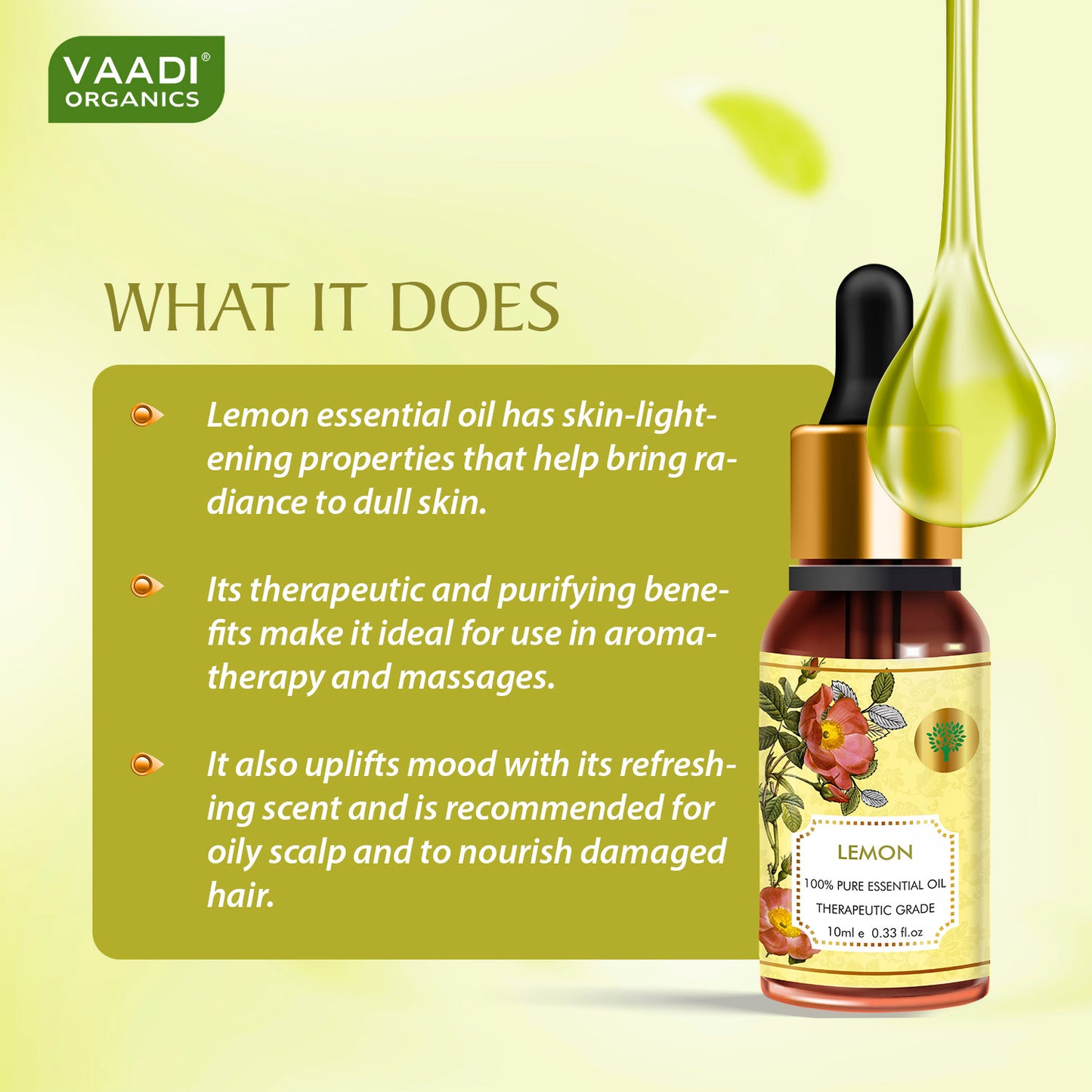 Lemon Essential Oil - Lightens Skin, Reduces Dandruff, Uplifts Mood - 100% Pure Therapeutic Grade (10 ml/ 0.33 oz)