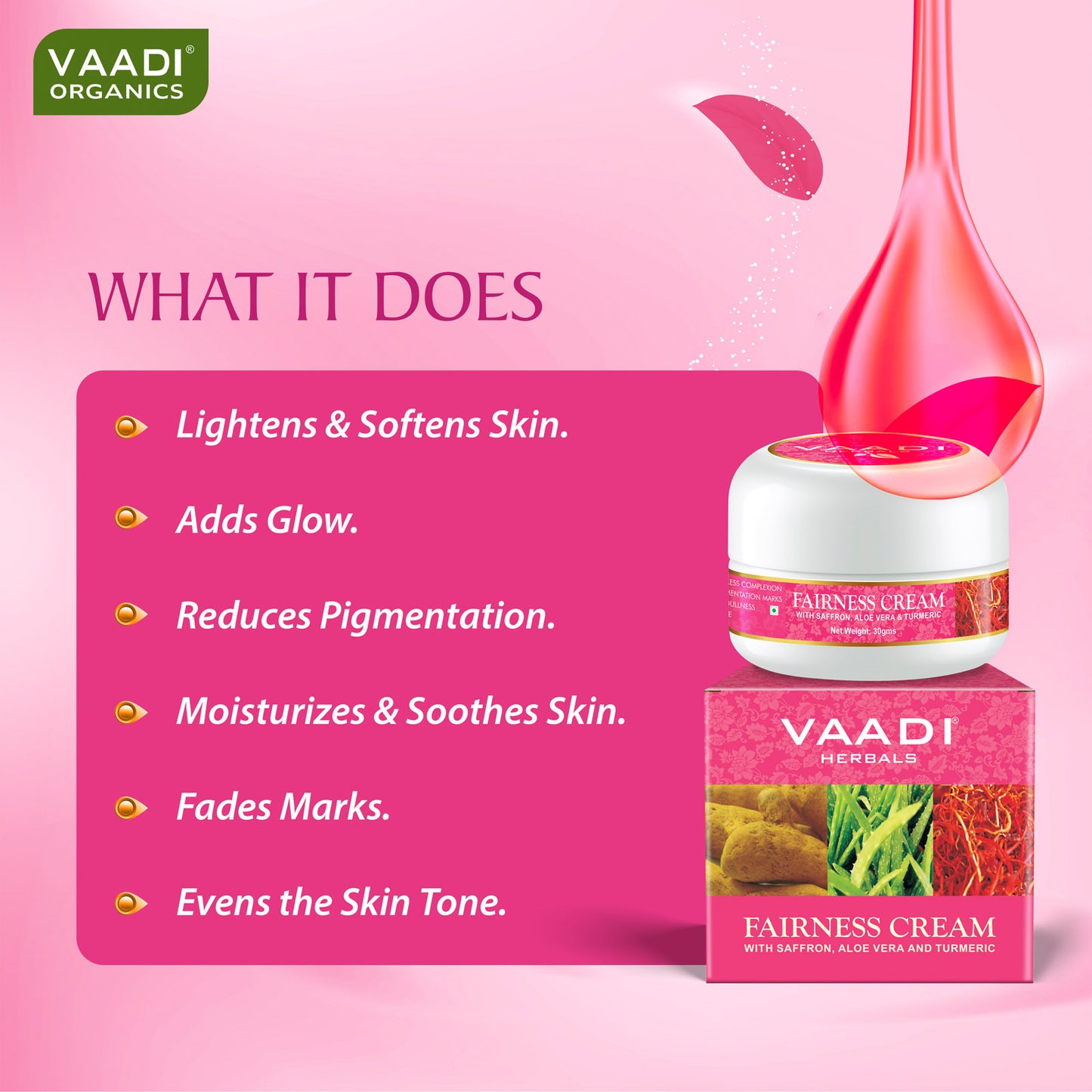 Fairness Cream with Saffron, Aloe Vera & Turmeric Extract - Lightens Marks & Blemishes - Makes Skin Flawless ( 30 gms / 1.1 oz)