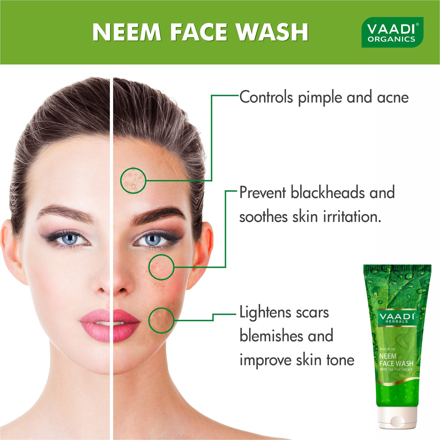 Anti Acne Organic Neem Face Wash with Tea Tree Extract - Controls Acne - Heals Skin ( 4 x 60 ml/2.1 fl oz)