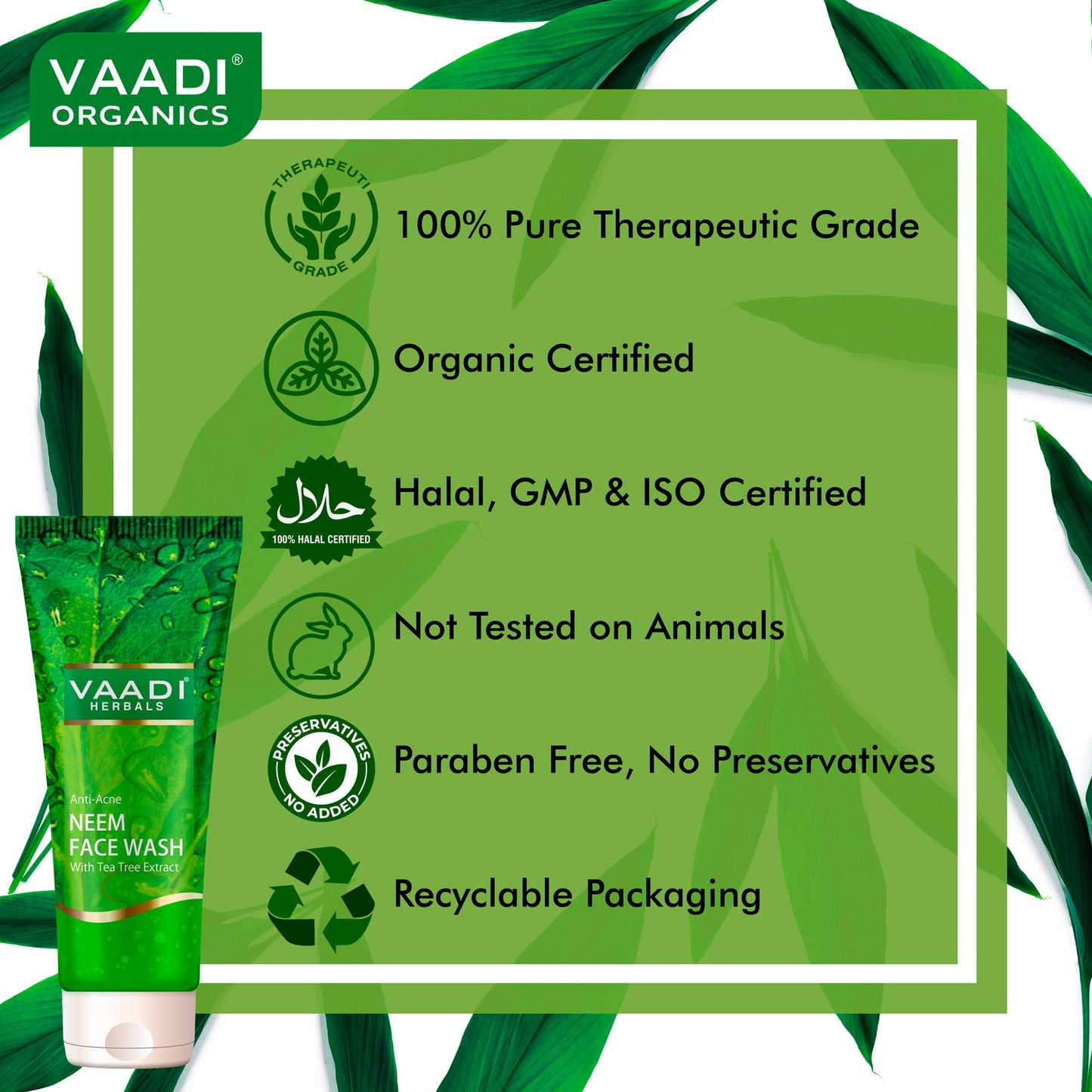 Anti Acne Organic Neem Face Wash with Tea Tree Extract - Controls Acne - Heals Skin ( 4 x 60 ml/2.1 fl oz)