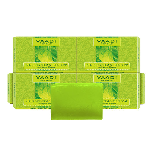 Alluring Neem Tulsi Soap with Aloe Vera, Vitamin E & Tea Tree Oi - Prevents Ageing - Protects Skin (6 x 75 gms / 2.7 oz)