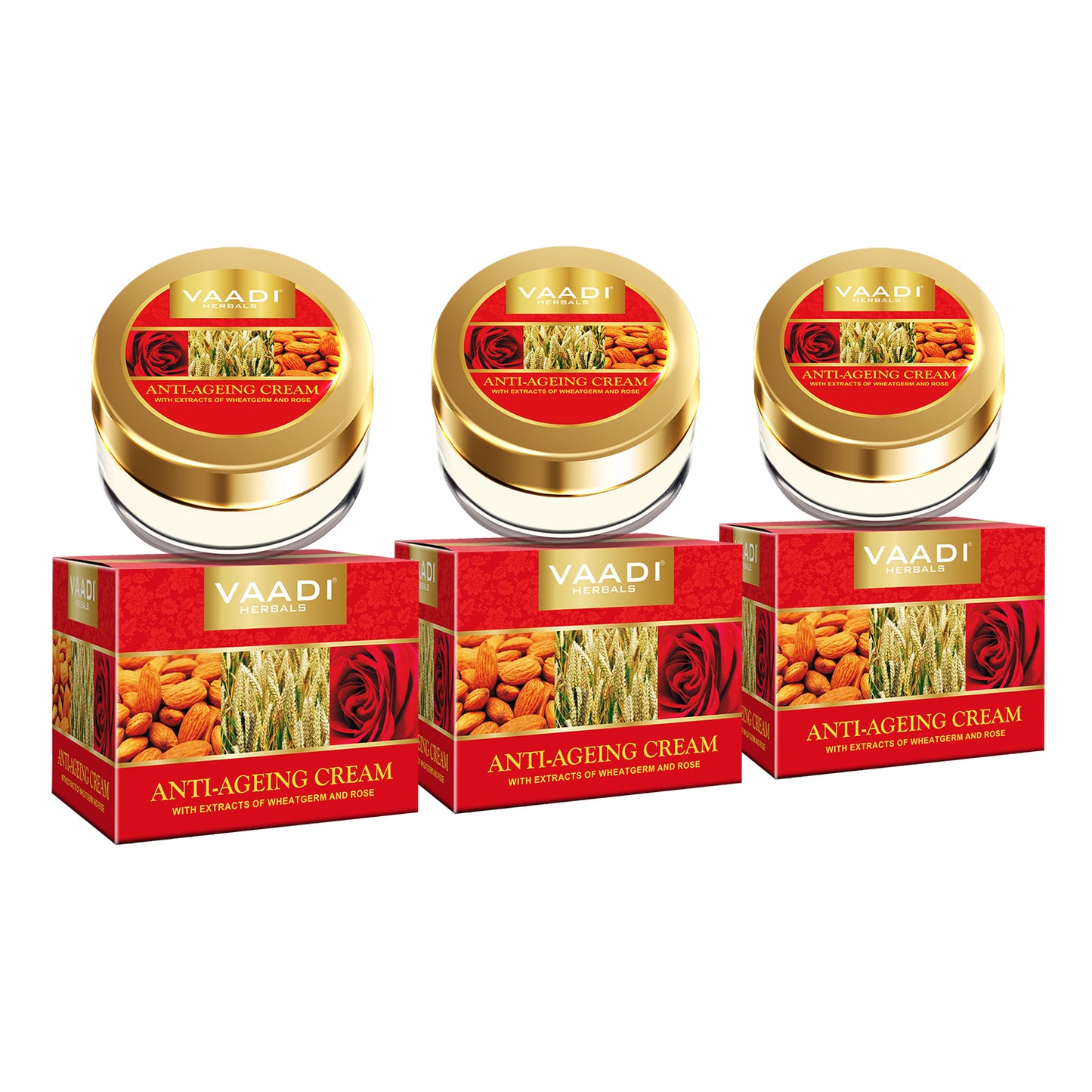 Organic Anti Ageing Cream with Almond, Wheatgerm - Boosts Collagen & Delays Wrinkles - Keeps Skin Soft & Youthful (3 x 30 gms / 1.1 oz)