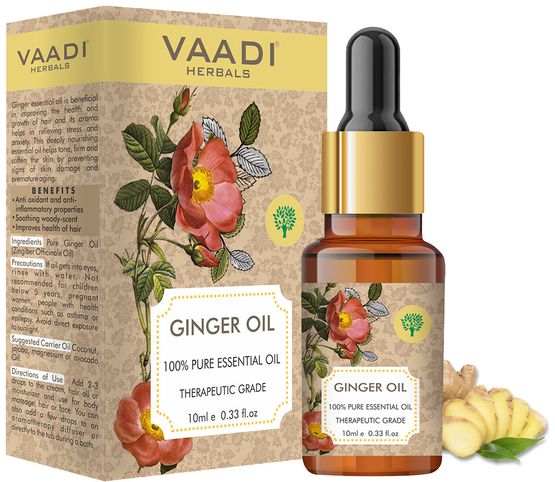 Organic Ginger Essential Oil - Tones Skin, Prevents Hairfall, Soothing Woody Aroma - 100% Pure Therapeutic Grade (10 ml/ 0.33 oz)