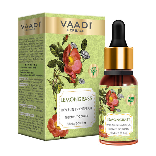 Lemongrass Essential Oil - Reduces Stress & Depression, Prevents Hairfall, Prevents Skin Ageing - 100% Pure Therapeutic Grade (10 ml/ 0.33 oz)