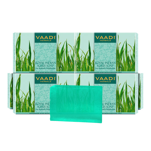Royal India Khus (Vetiver) Soap with Olive & Soyabean Oil - Rejuvenates Skin - Boosts Cellular Renewal ( 6 x 75 gms / 2.7 oz)