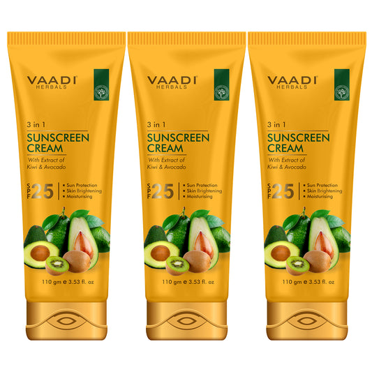 Sunscreen Cream SPF 25 with Kiwi & Avocado Extract - Protects & Nourishes Skin - Enhances Complexion (3 x 110 gms / 4 oz)
