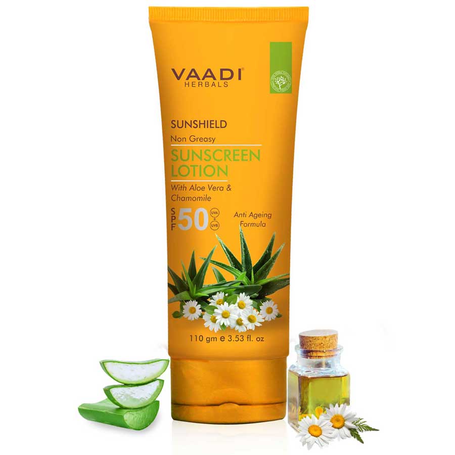 Organic Sunscreen Lotion SPF 50 with Aloe Vera & Chamomile - Non Greasy - Long Lasting - Soothes Burnt Skin (110 ml/ 4 fl oz)