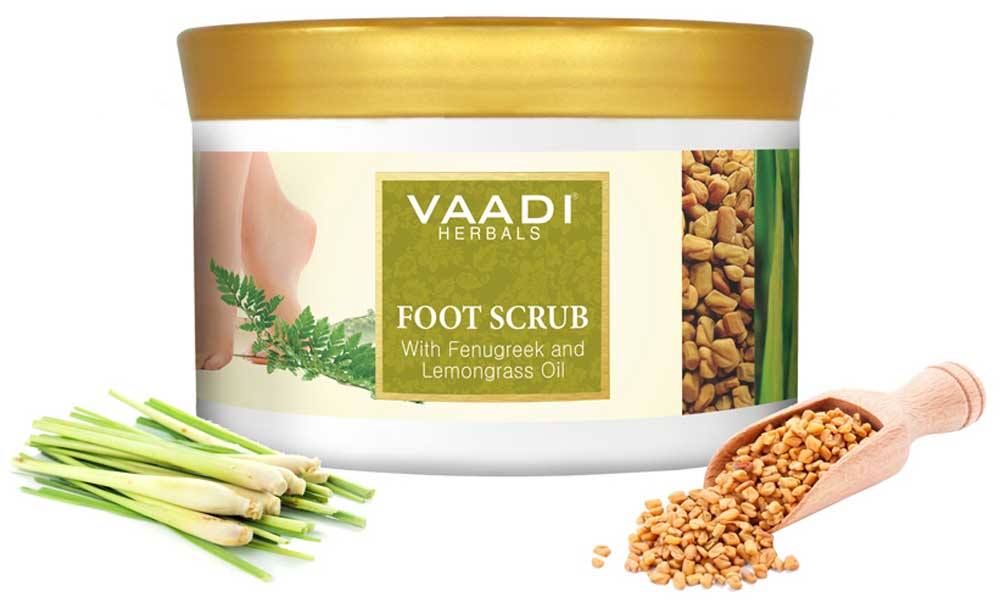 Organic Foot Scrub with Fenugreek & Lemongrass Oil - Therapeutic Exfoliates - Rejuvenates Damaged Skin - Softens Skin (500 gms / 17.7 oz)