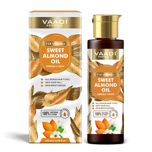 Cold-Pressed Sweet Almond Oil with Vitamin E - Anti Hair Fall - Removes Dark Circles- Skin Moisturizer-Promotes Hair Growth (120 ml / 4.05 oz)