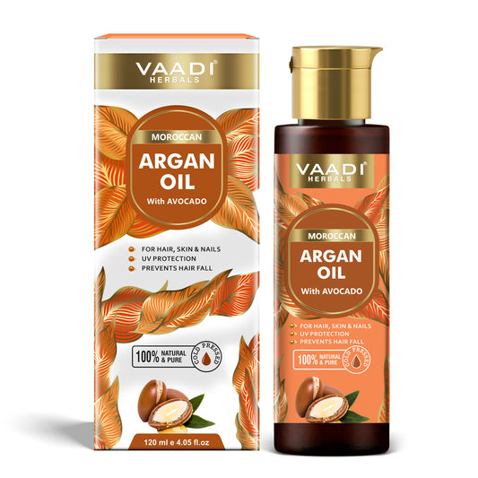 Cold Pressed Morrocon Argan Oil with Avocado- For Hair, Skin & Nails- Promotes Hair Growth- Skin Moisturisation-Healthy Nail Growth - UV Protection- (120 ml / 4.05 oz)