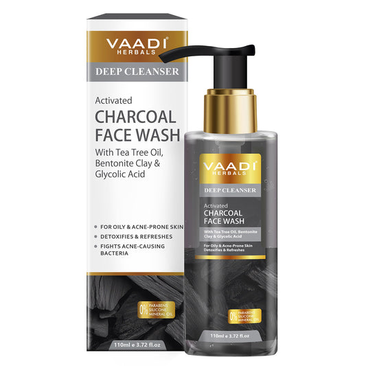 Activated Charcoal Face Wash with Tea Tree Oil, Bentonite Clay & Glycolic Acid| For Oily & Acne-Prone Skin| Detoxifies & Refreshes| Deep Purify| No Parabens, Mineral, Silicon| Face Wash for Women & Men ( 110 ml )