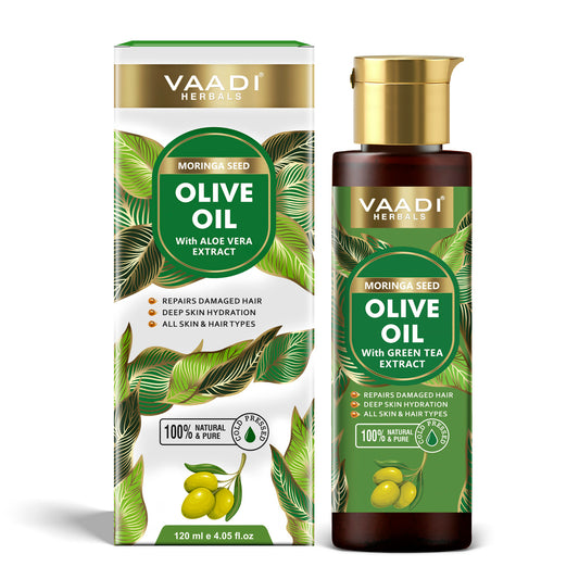 Cold Pressed Moringa Seed Olive Oil with Green Tea Extract- Repairs Damaged Hair-Deep Moisturisation -Skin Hydrating-Strengthens Hair -For All Types of Skin & Hair (120 ml / 4.05 oz)