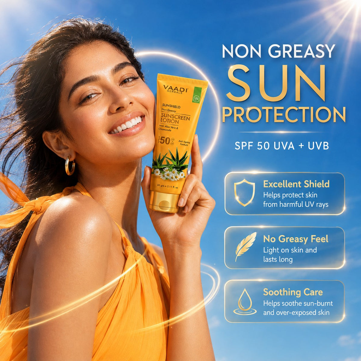 Sunscreen Lotion SPF 50 with Aloe Vera & Chamomile - Non Greasy - Long Lasting - Soothes Burnt Skin (2 x 110 ml/ 4 fl oz)