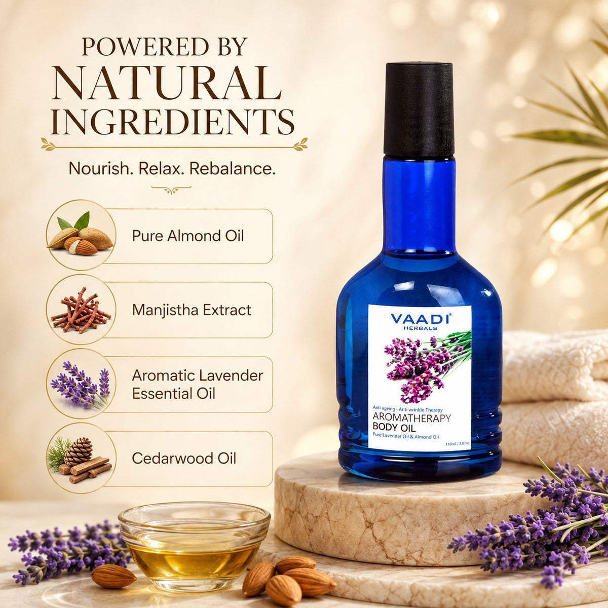 Lavender Body Oil with Almond Extract - Aromatherapy - Anti Ageing - Reduces Stress & Depression (110ml /4 fl oz)
