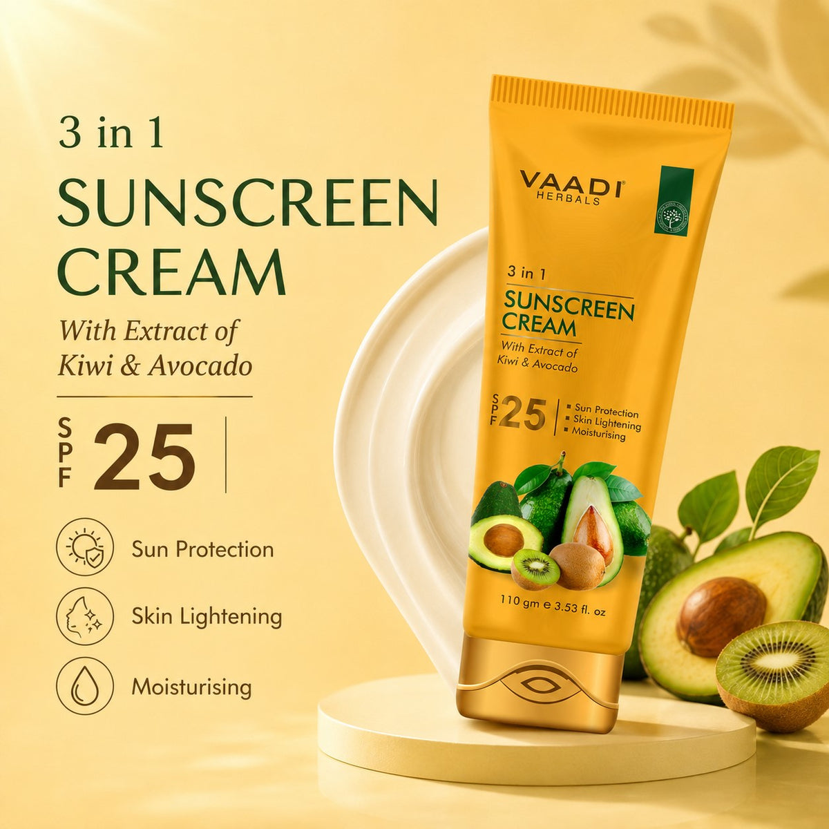 Sunscreen Cream SPF 25 with Kiwi & Avocado Extract - Protects & Nourishes Skin - Enhances Complexion (3 x 110 gms / 4 oz)