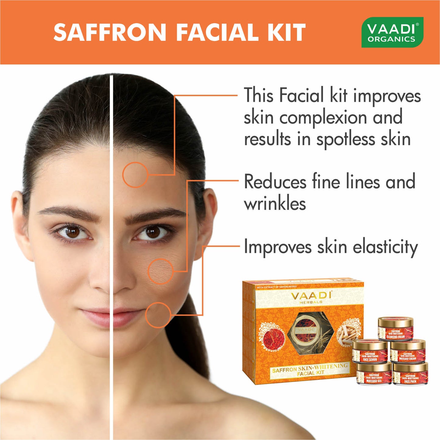 Skin Brightening Organic Saffron Facial Kit with Sandalwood oil, Orange Peel, Lemongrass & Shea Butter - Lightens Skin Tone (270 gms/9.6 oz)