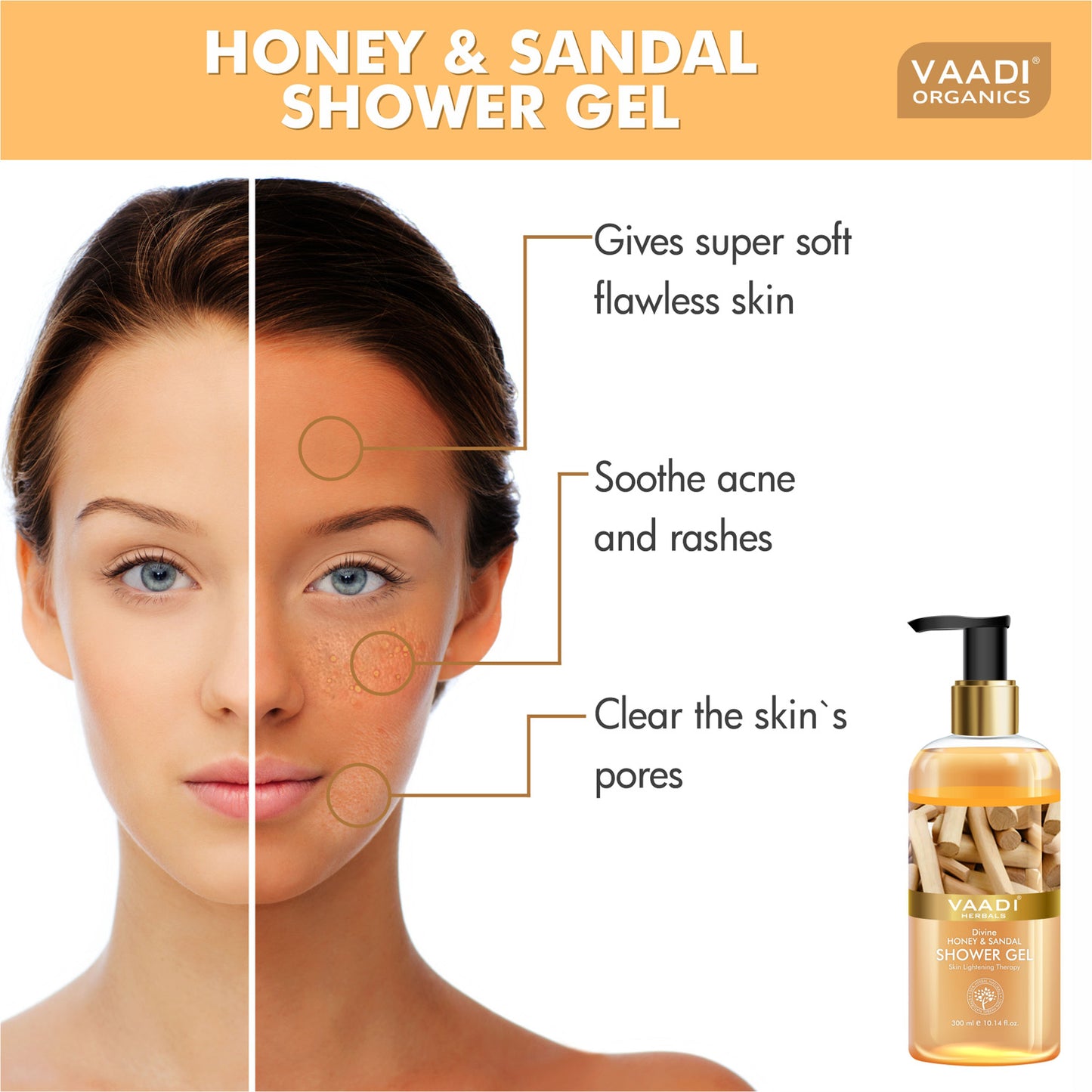 Divine Honey & Sandal Shower Gel- Skin Toning Therapy - Makes Skin Flawless (300 ml / 10.2 fl oz) (Buy 1 Get 1 Free)