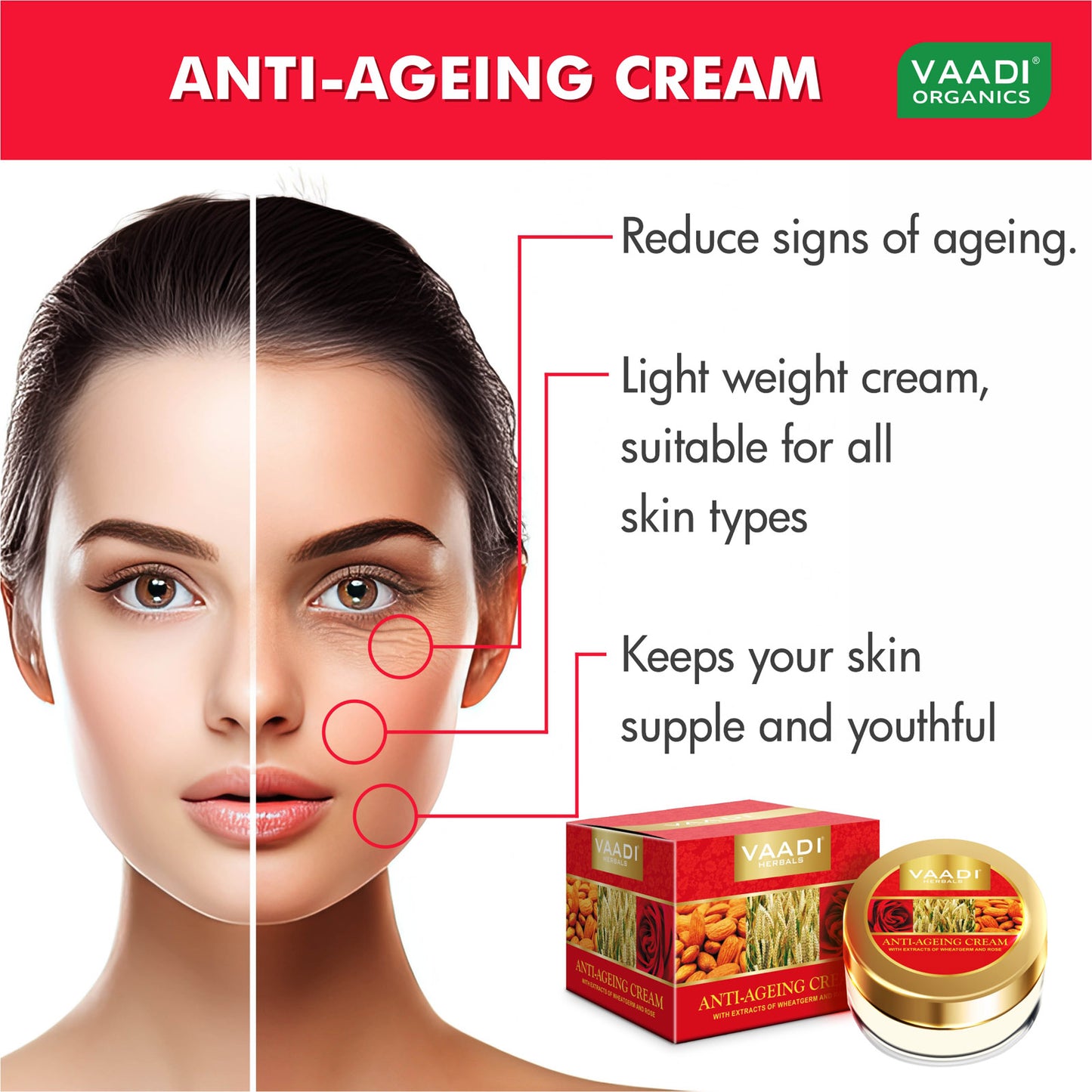 Organic Anti Ageing Cream with Almond, Wheatgerm - Boosts Collagen & Delays Wrinkles - Keeps Skin Soft & Youthful (3 x 30 gms / 1.1 oz)