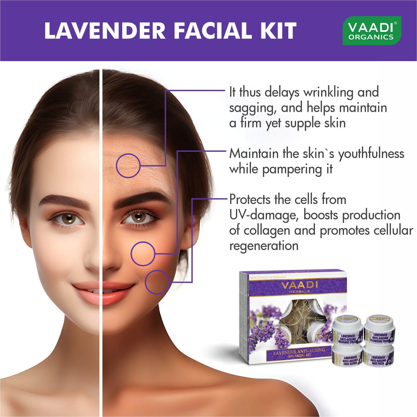 Anti Aging Organic Lavender Facial Kit with Rosemary Extract - Reduce Marks & Spots ( 70 gms/2.5 oz)