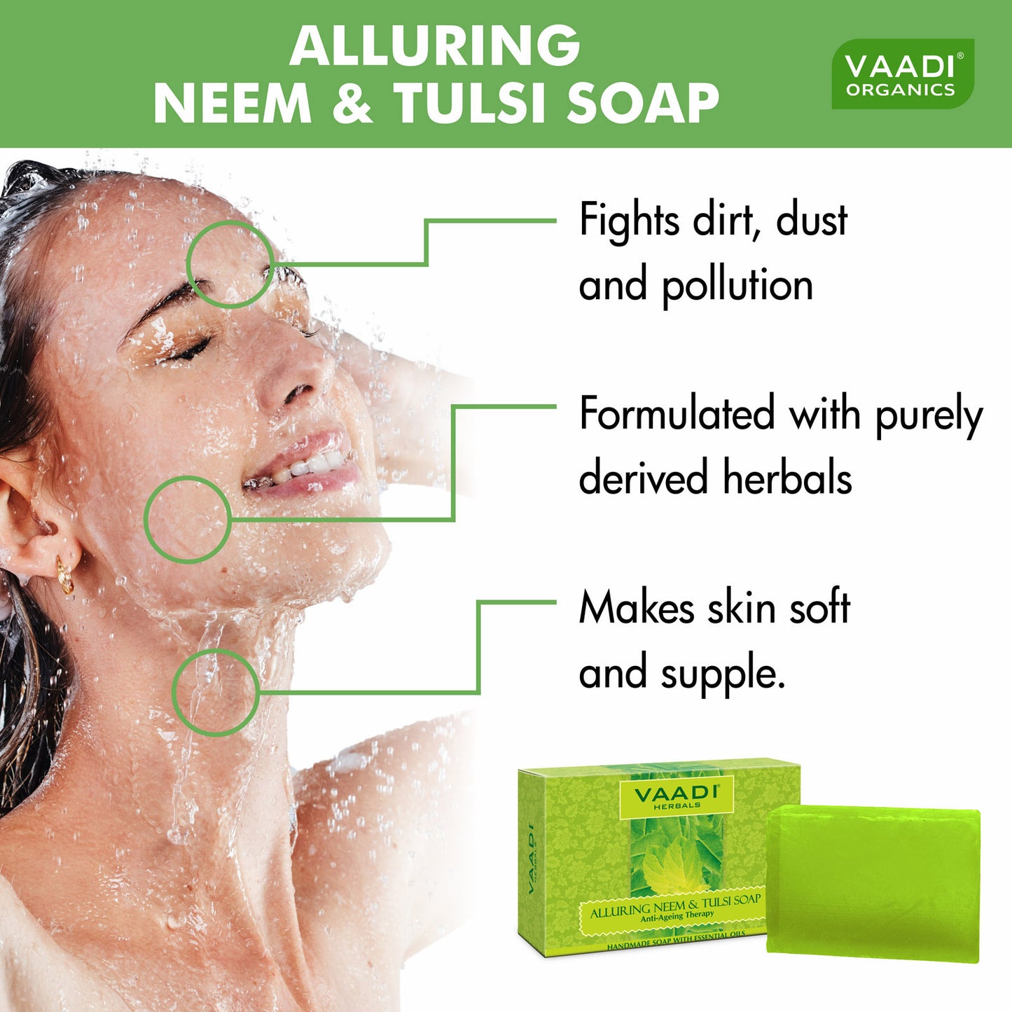 Organic Alluring Neem Tulsi Soap with Aloe Vera, Vitamin E & Tea Tree Oi - Prevents Ageing - Protects Skin (6 x 75 gms / 2.7 oz)