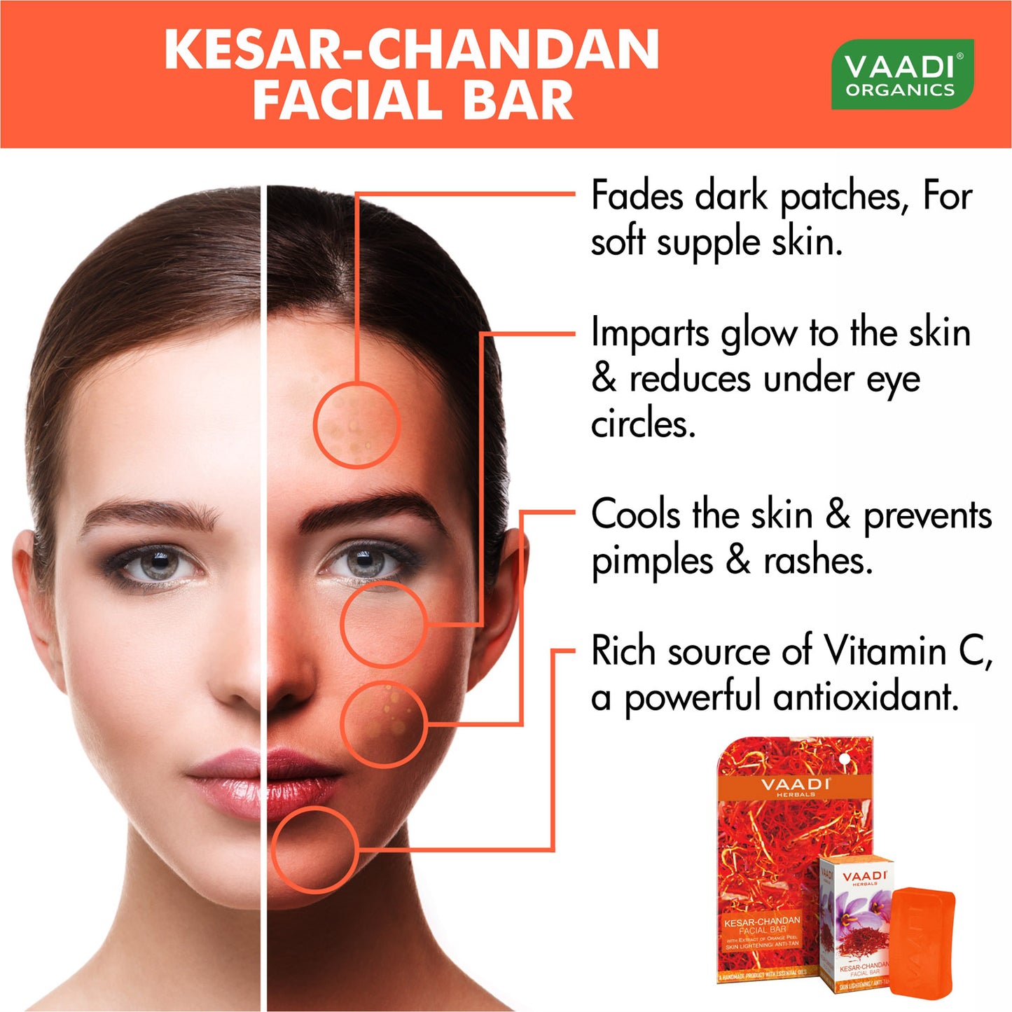 Saffron Sandal Facial Bar with Orange Peel Extract - Lightens Marks- Makes Skin Flawless (4 x 25 gms/0.9 oz)