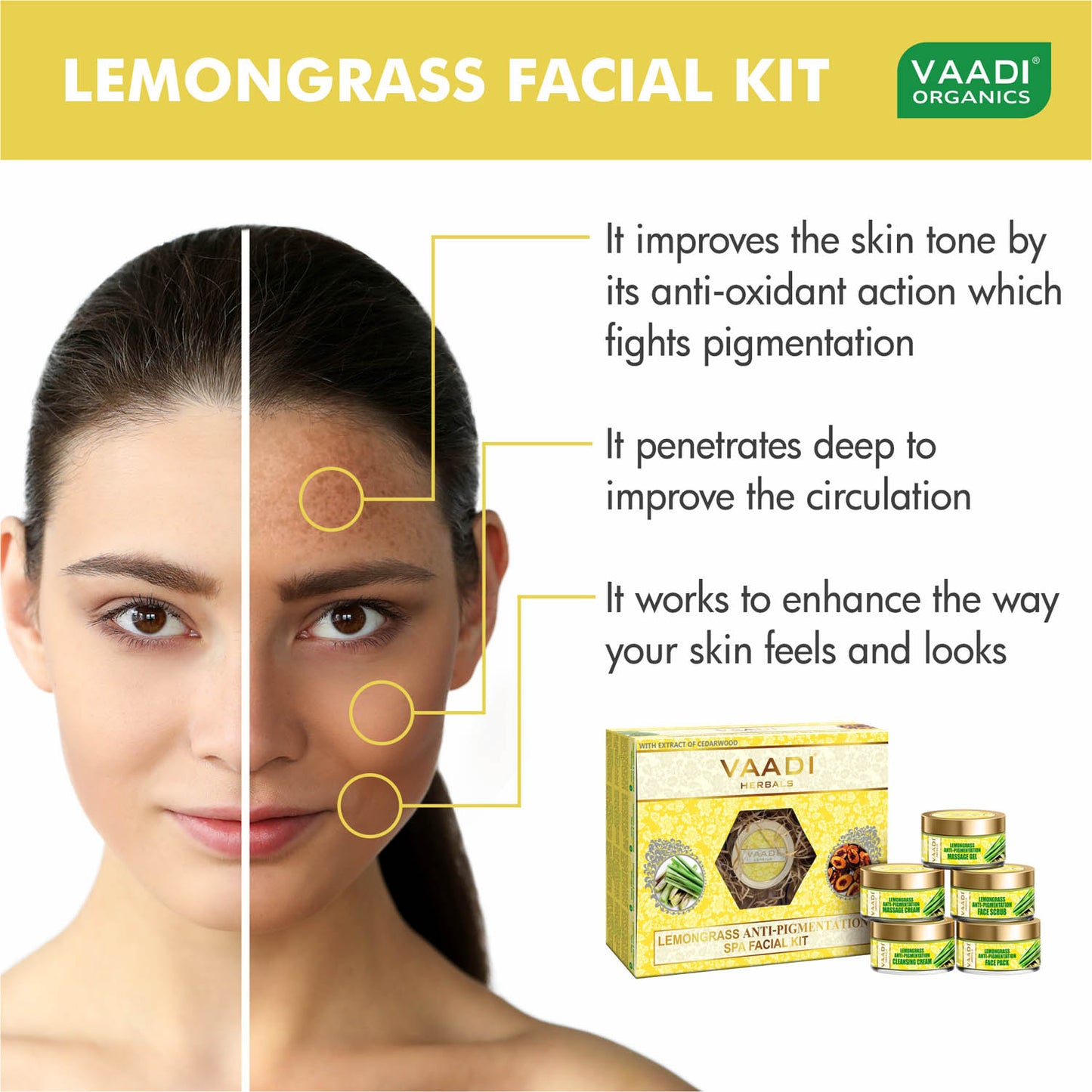 Anti Pigmentation Organic Lemongrass Facial Kit with Cedarwood Extract, Apricot Extract and Fenugreek (270 gms/9.6 oz)