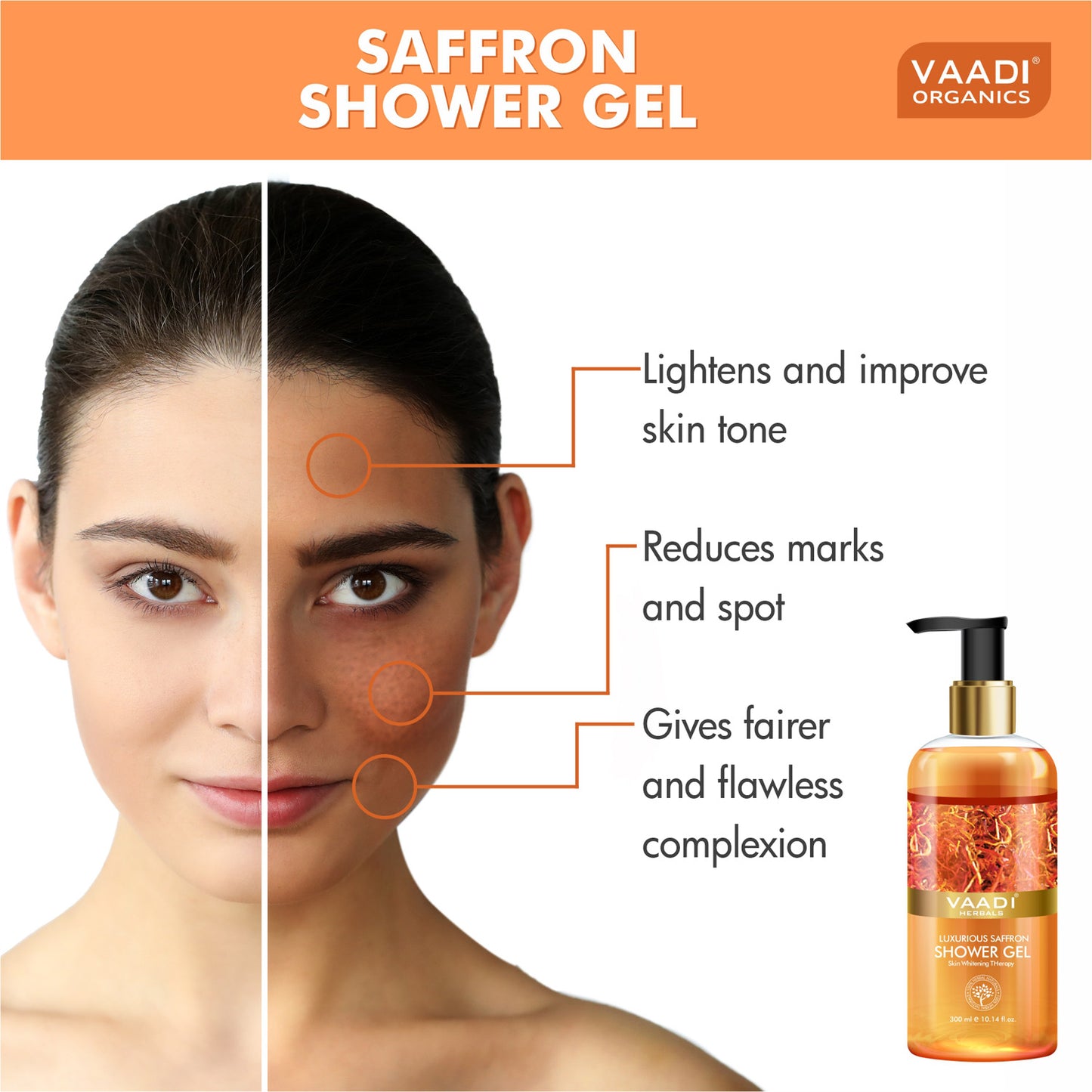 Luxurious Organic Saffron Shower Gel - Skin Brightening Therapy - Reduces Pigmentation Marks (2 x 300 ml / 10.2 fl oz)