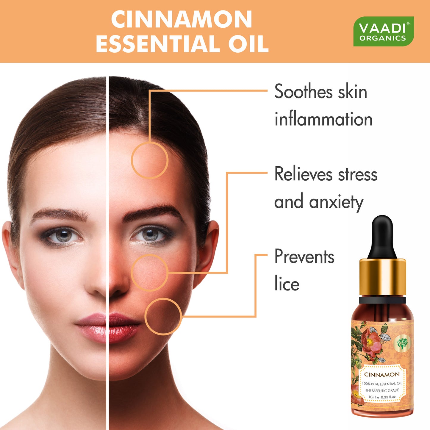 Organic Cinnamon Essential Oil - Soothes Skin Inflammation, Relieves Stress & Anxiety & Improves Concentration - (10 ml/ 0.33 oz)