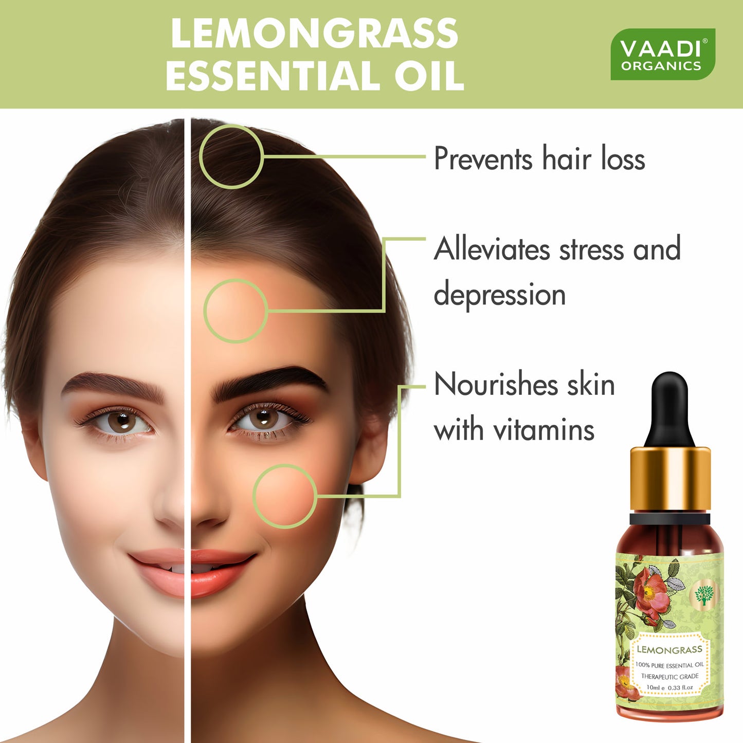 Organic Lemongrass Essential Oil - Reduces Stress & Depression, Prevents Hairfall, Prevents Skin Ageing - 100% Pure Therapeutic Grade (10 ml/ 0.33 oz)