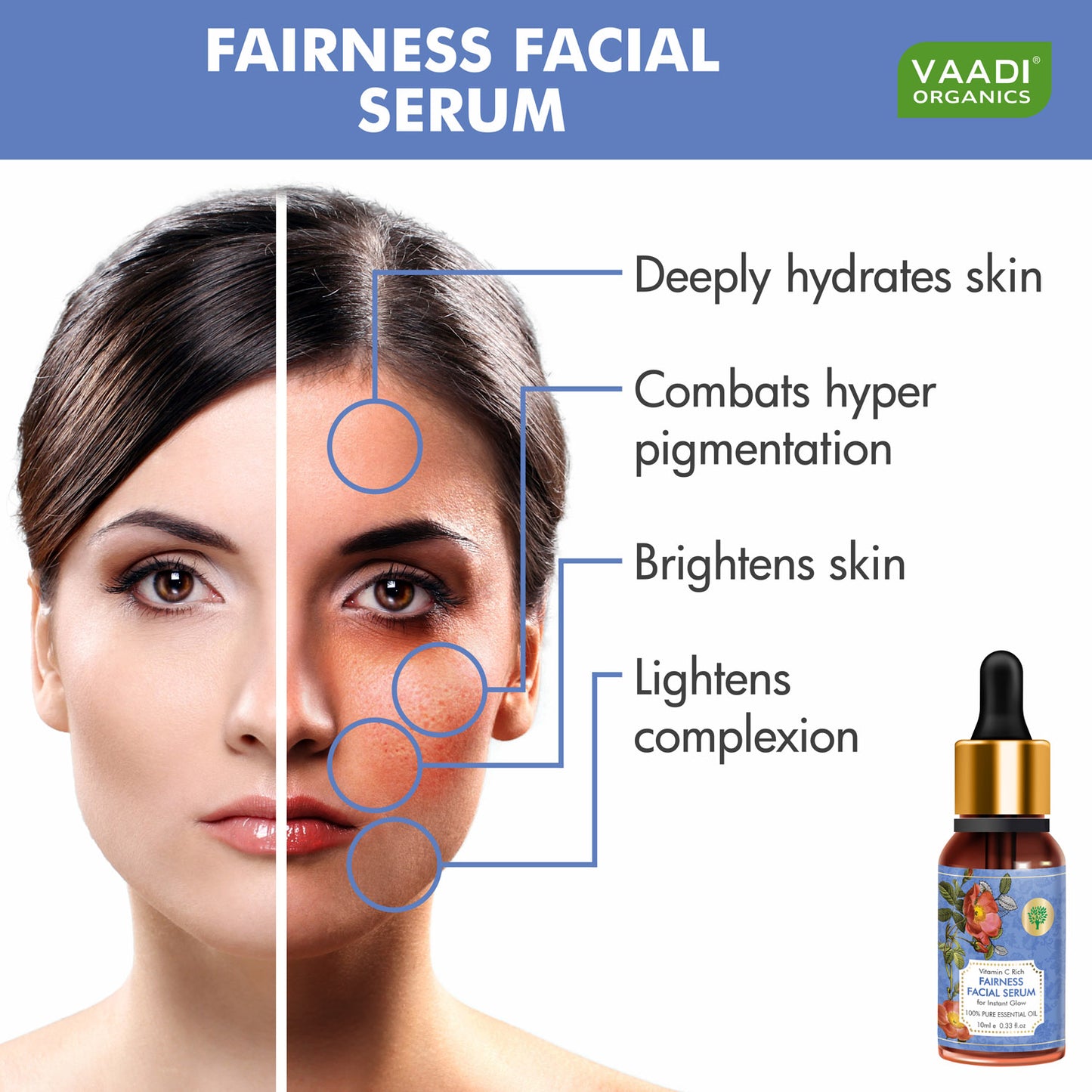 Organic Vitamin C Fairness Facial Serum - Brightens Skin, Lightens Complexion, Protects from Sun Damage (10 ml/ 0.33 oz)