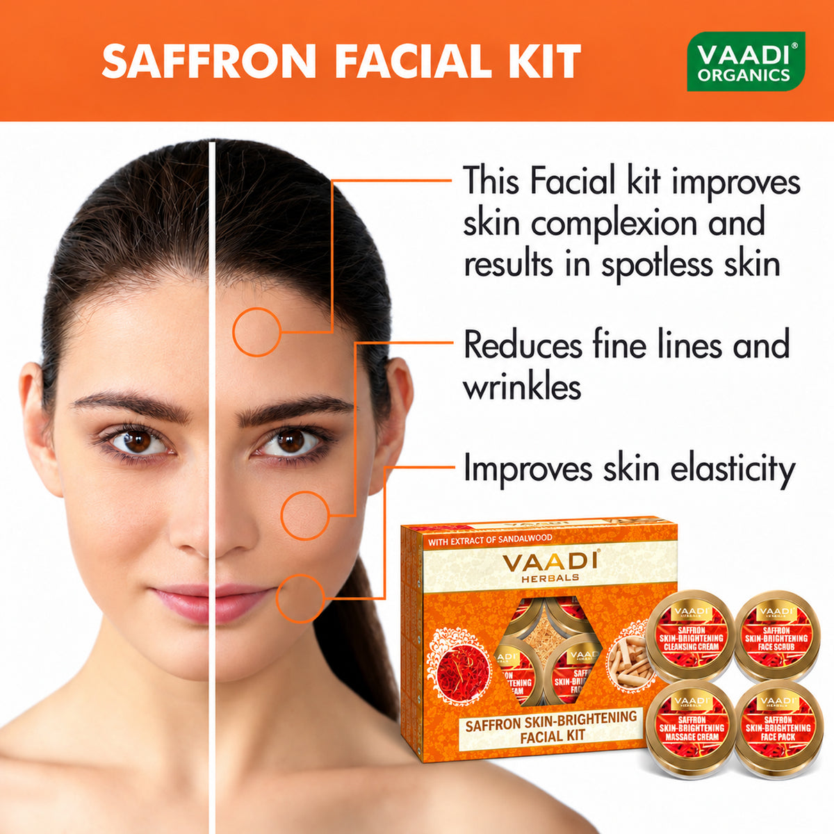 Saffron Skin Brightening Facial Kit with Sandalwood oil, Orange Peel, Lemongrass & Shea Butter - Lightens Skin Tone (110 gms/3.88 oz)