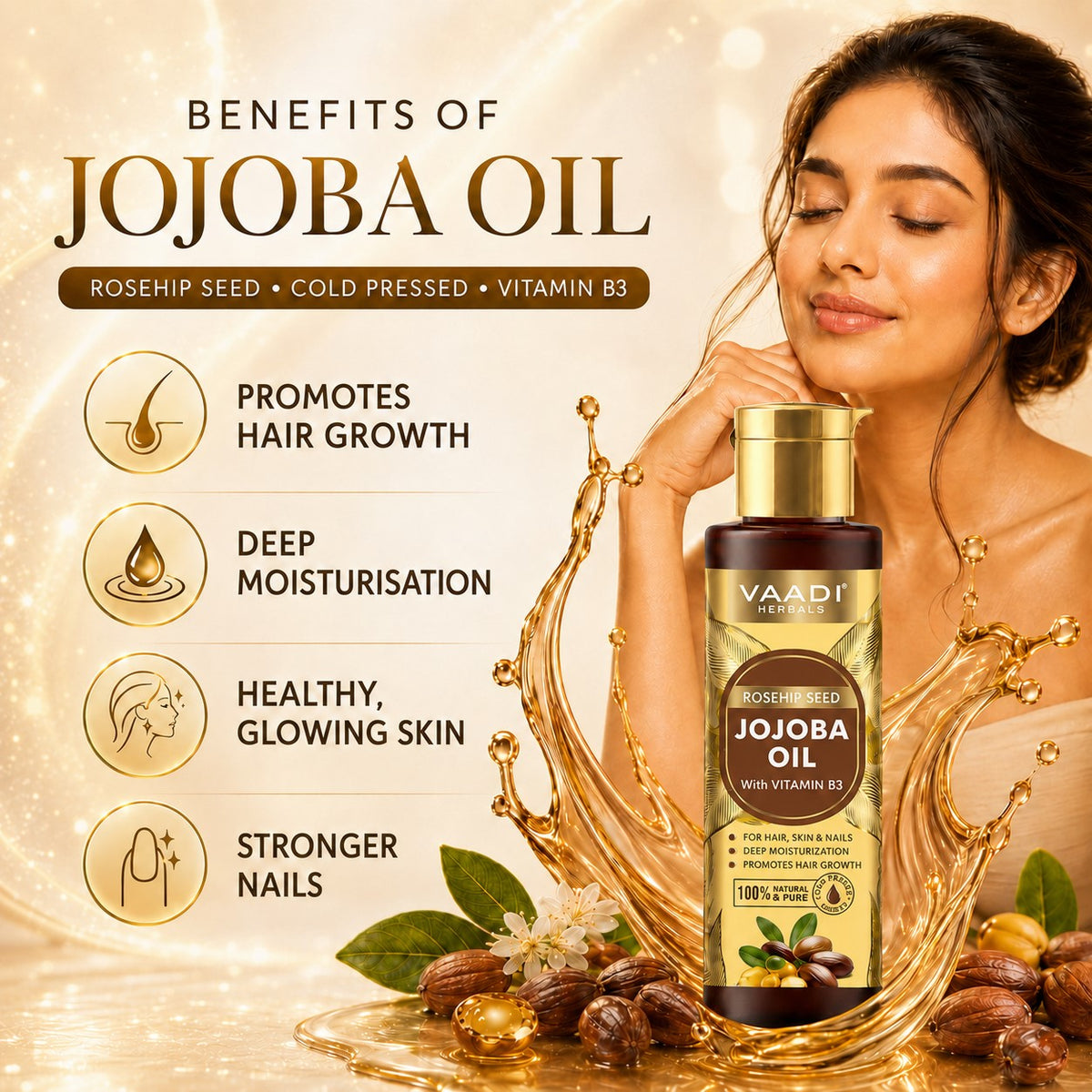 Cold Pressed Rosehip Seed Jojoba Oil with Vitamin B3-For Hair, Skin & Nails-Jojoba Oil Promotes Hair Growth-Skin Moisturisation-Anti Hair-Fall-For All Types of Skin & Hair-(120 ml / 4.05 oz)