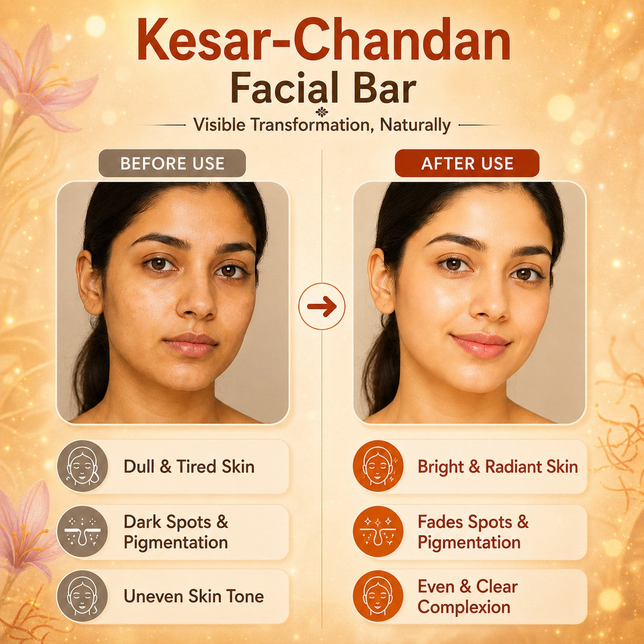 Saffron Sandal Facial Bar with Orange Peel Extract - Lightens Marks- Makes Skin Flawless (6 x 25 gms/0.9 oz)