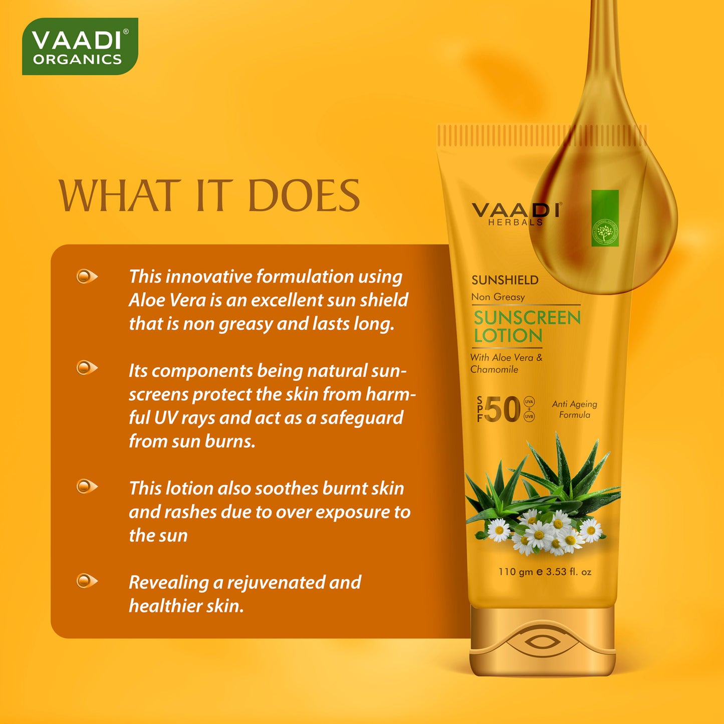 Sunscreen Lotion SPF 50 with Aloe Vera & Chamomile - Non Greasy - Long Lasting - Soothes Burnt Skin (110 ml/ 4 fl oz)