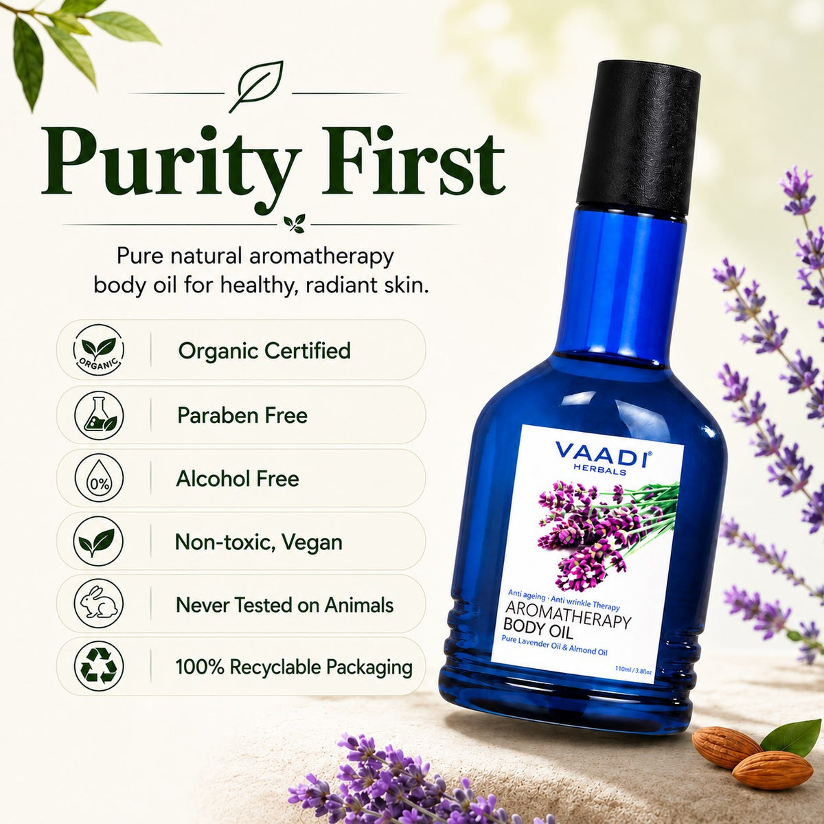 Lavender Body Oil with Almond Extract - Aromatherapy - Anti Ageing - Reduces Stress & Depression (110ml /4 fl oz)