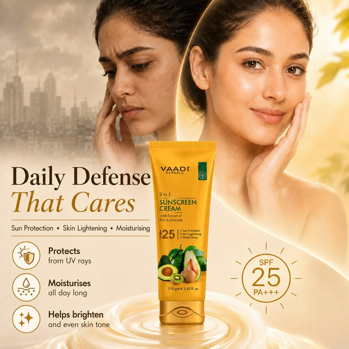 Sunscreen Cream SPF 25 with Kiwi & Avocado Extract - Protects & Nourishes Skin - Enhances Complexion (3 x 110 gms / 4 oz)