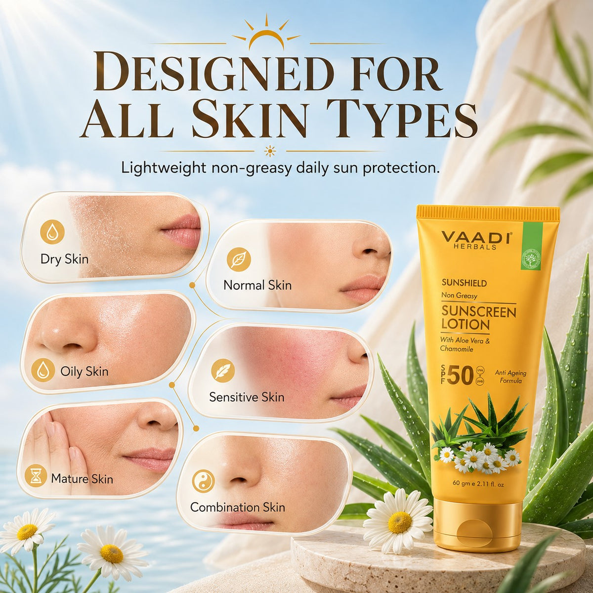 Sunscreen Lotion SPF 50 with Aloe Vera & Chamomile - Non Greasy - Long Lasting - Soothes Burnt Skin (2 x 110 ml/ 4 fl oz)