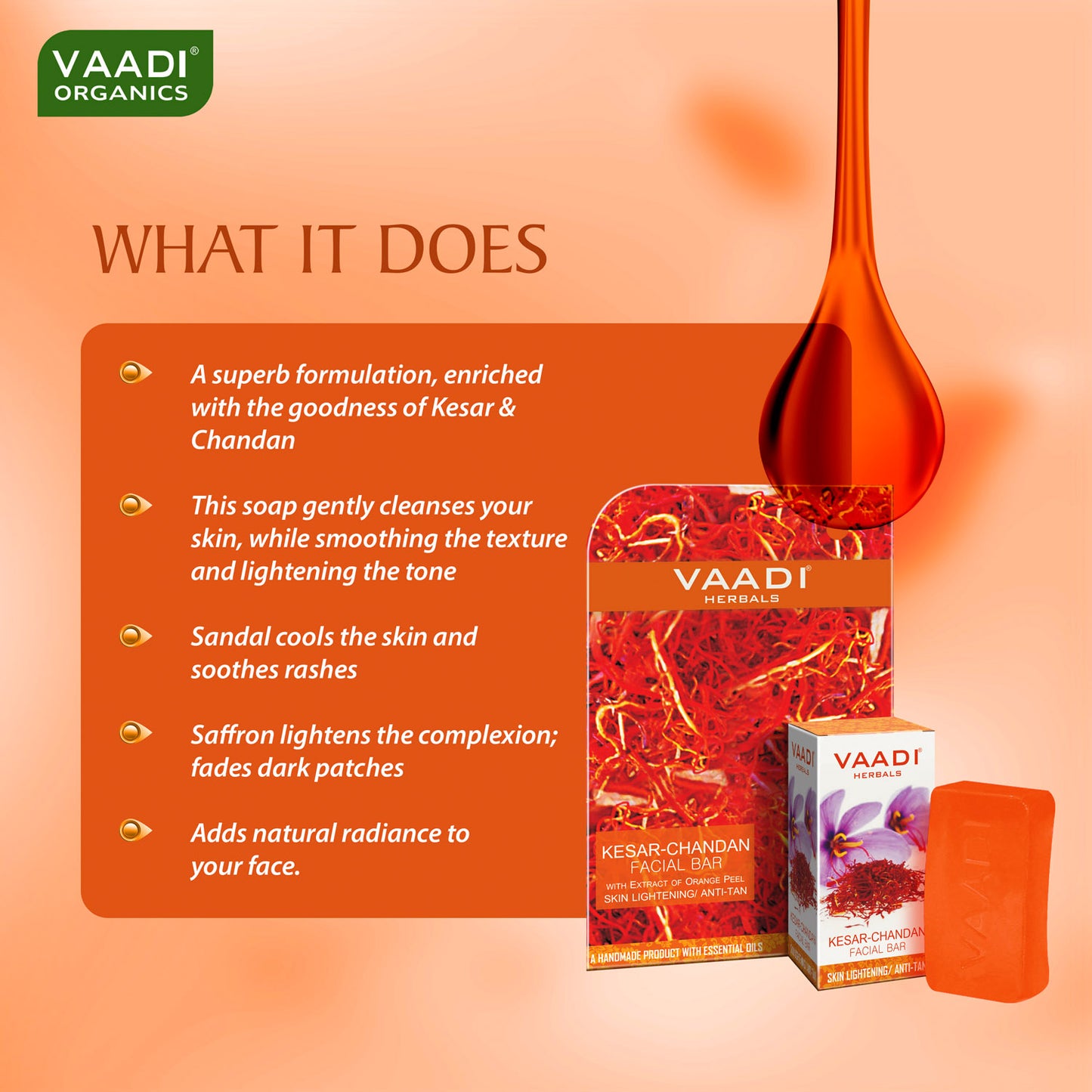Saffron Sandal Facial Bar with Orange Peel Extract - Lightens Marks- Makes Skin Flawless (4 x 25 gms/0.9 oz)