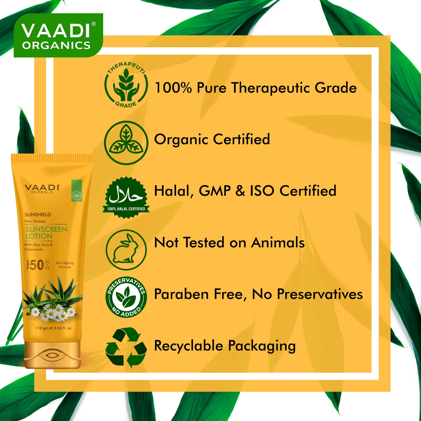 Sunscreen Lotion SPF 50 with Aloe Vera & Chamomile - Non Greasy - Long Lasting - Soothes Burnt Skin (110 ml/ 4 fl oz)