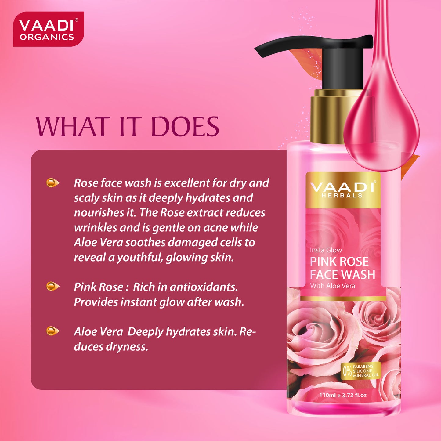 Organic Insta Glow Pink Rose Face wash with Aloe vera extract  (110 ml / 3.72 fl oz)