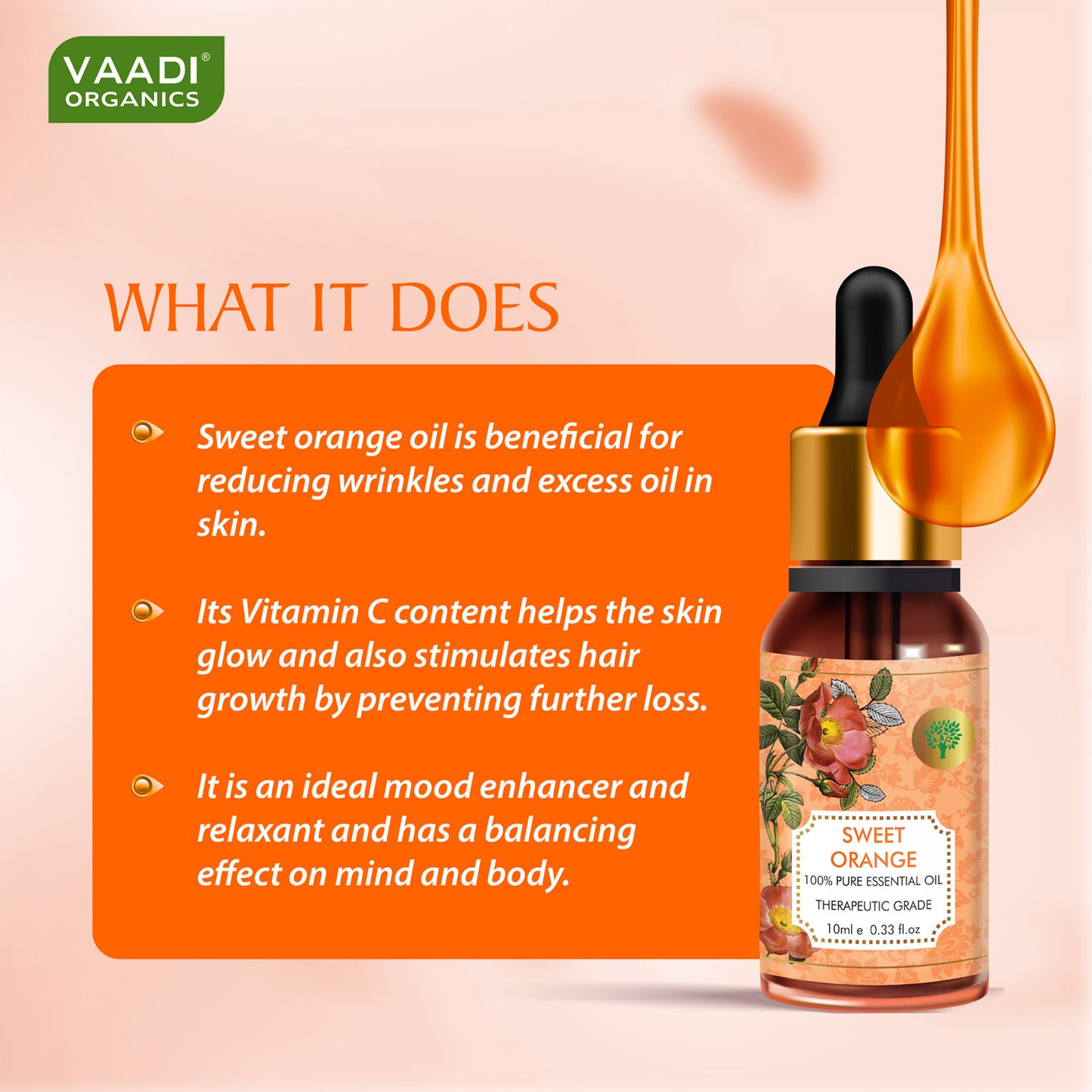 Organic Sweet Orange Essential Oil - Vitamin C Reduces Hairfall, Improves Skin Complexion, Enhances Mood, Loosens Tired Muscles