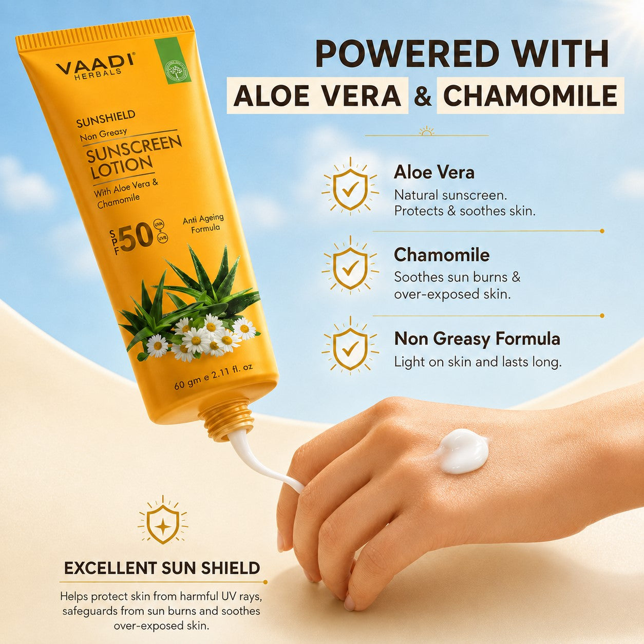 Sunscreen Lotion SPF 50 with Aloe Vera & Chamomile - Non Greasy - Long Lasting - Soothes Burnt Skin (2 x 110 ml/ 4 fl oz)
