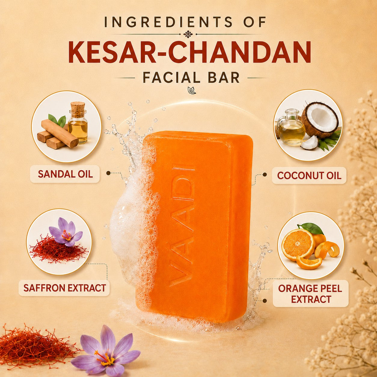 Saffron Sandal Facial Bar with Orange Peel Extract - Lightens Marks- Makes Skin Flawless (6 x 25 gms/0.9 oz)