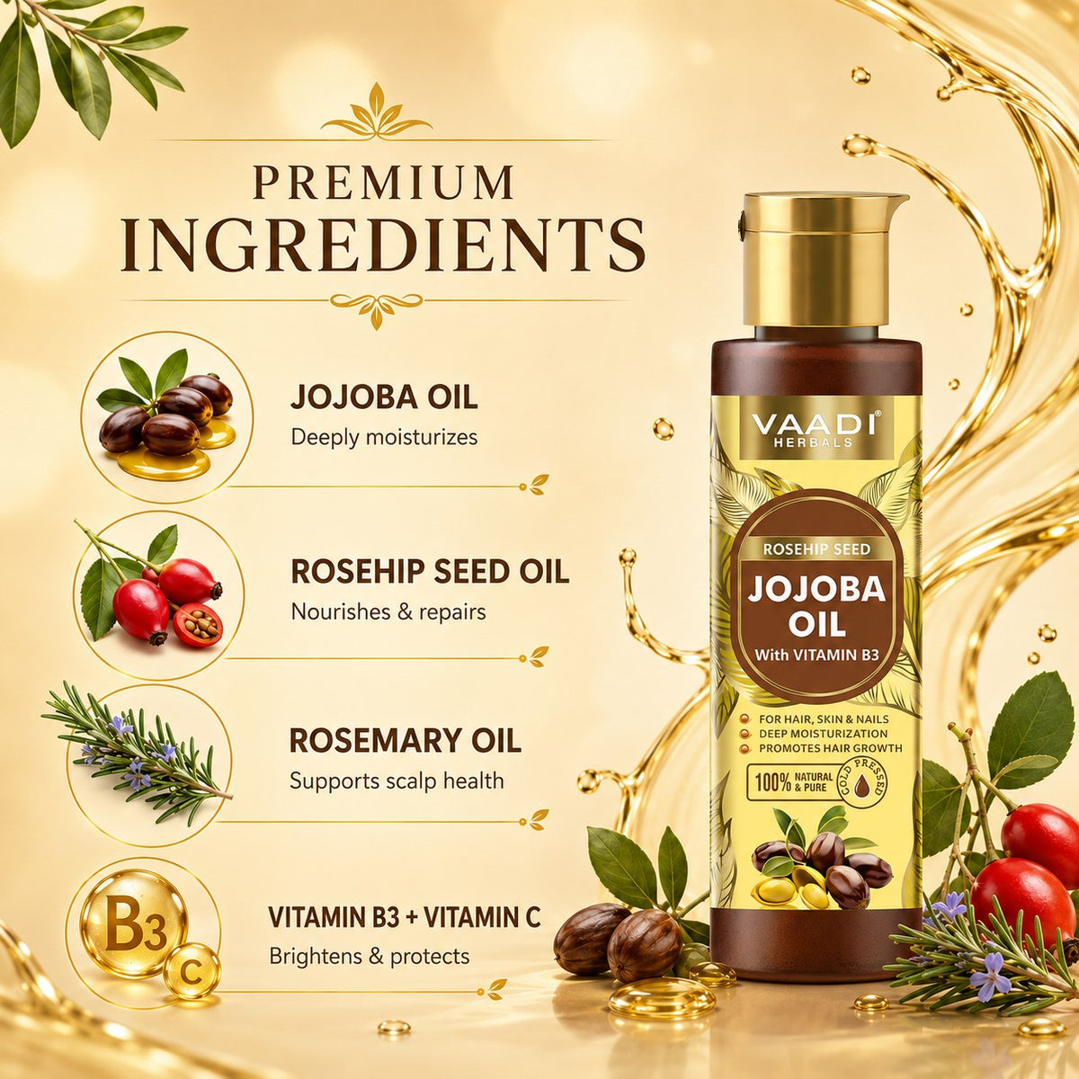 Cold Pressed Rosehip Seed Jojoba Oil with Vitamin B3-For Hair, Skin & Nails-Jojoba Oil Promotes Hair Growth-Skin Moisturisation-Anti Hair-Fall-For All Types of Skin & Hair-(120 ml / 4.05 oz)