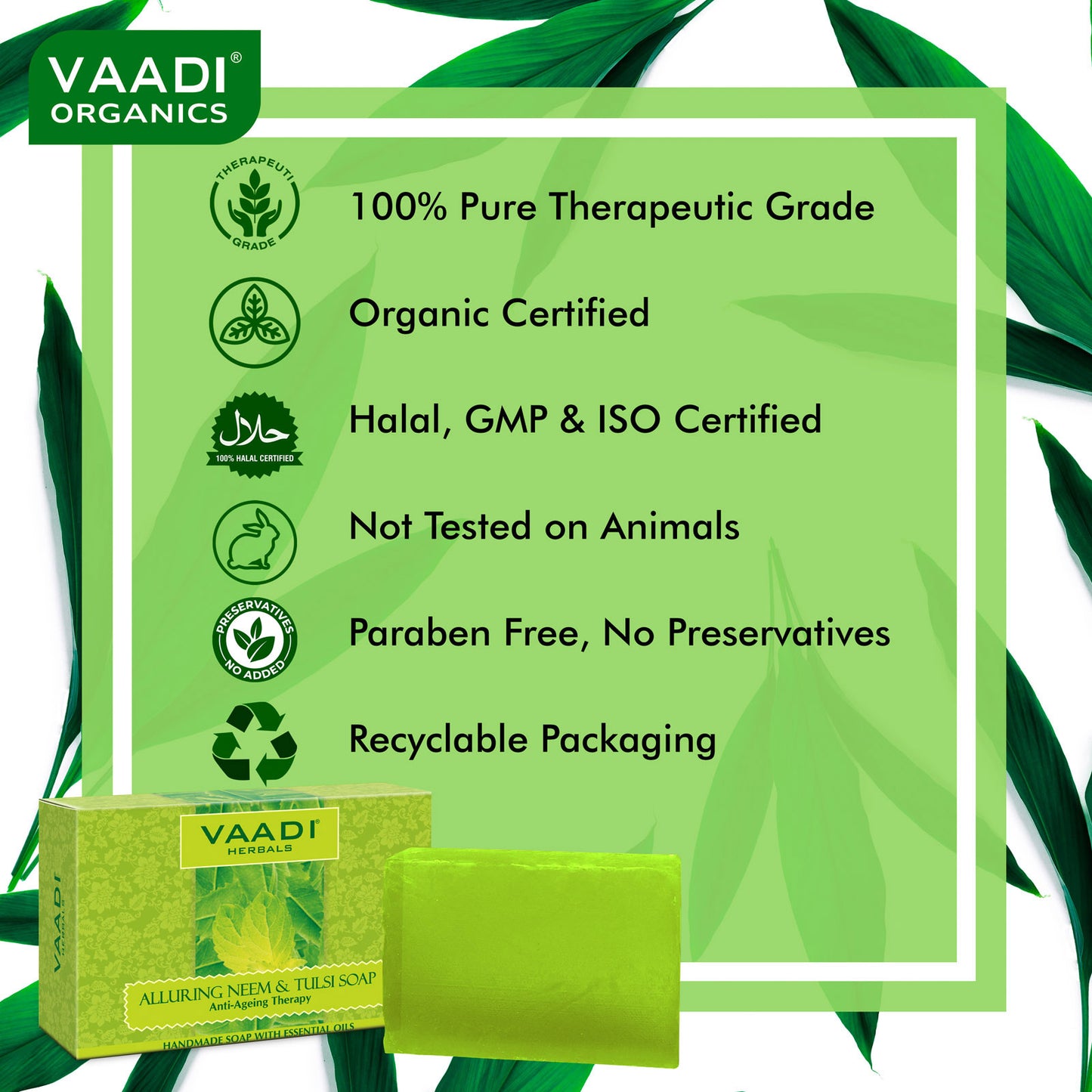 Organic Alluring Neem Tulsi Soap with Aloe Vera, Vitamin E & Tea Tree Oi - Prevents Ageing - Protects Skin (6 x 75 gms / 2.7 oz)