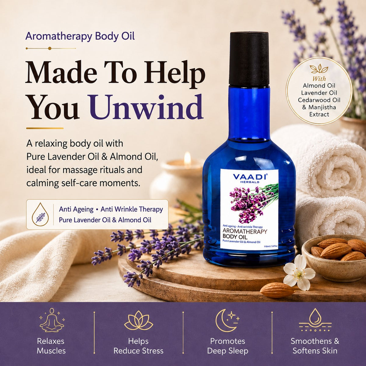 Lavender Body Oil with Almond Extract - Aromatherapy - Anti Ageing - Reduces Stress & Depression (110ml /4 fl oz)